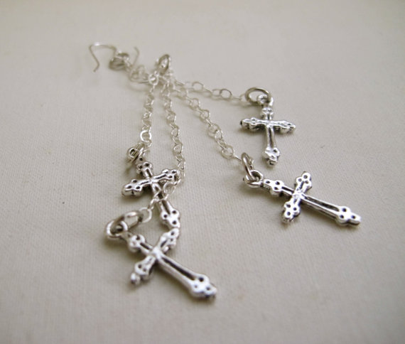 Dangle Double Cross Silver Earrings